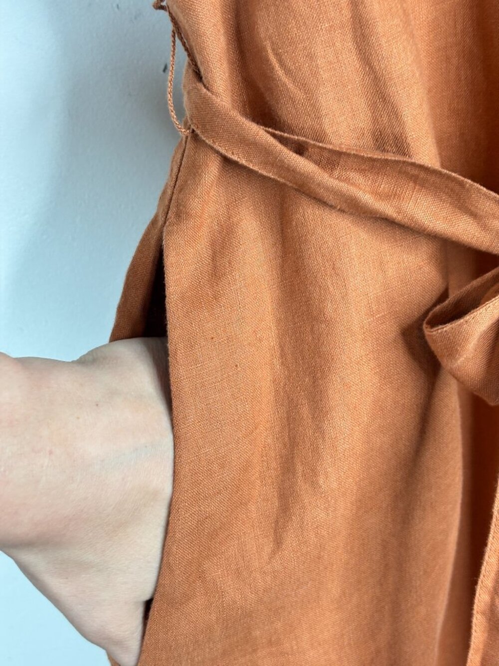 Quince 100% European Linen Button Front Midi Dress L Terracotta Pockets Belt - Picture 4 of 10